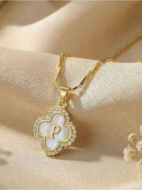 Gold Initial 'P' Mother-of-Pearl CZ Clover Pendant Seed Chain Necklace